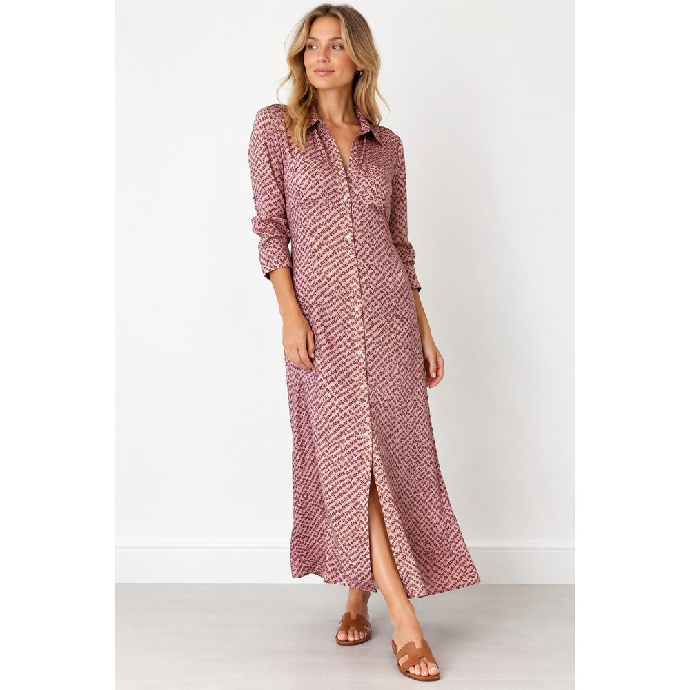 Zara Pink Micro Floral Long Sleeve Maxi Shirt Dress XS Button Front Collared
